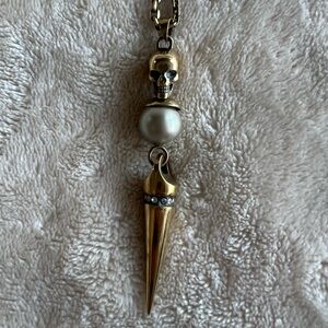 Rare Alexander McQueen Gold Long Skull Pearl Spike Necklace $590
